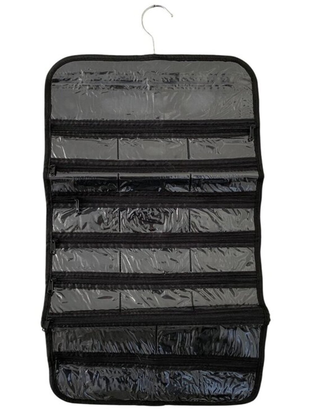Foldable Black Hanging Travel Organizer with Clear Zippered Pockets - Dual Sided